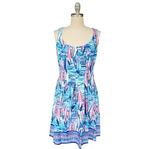 Pappagallo Bahama Blue Multi Sailboat Fit Flare Cotton Sleeveless Dress 4 S